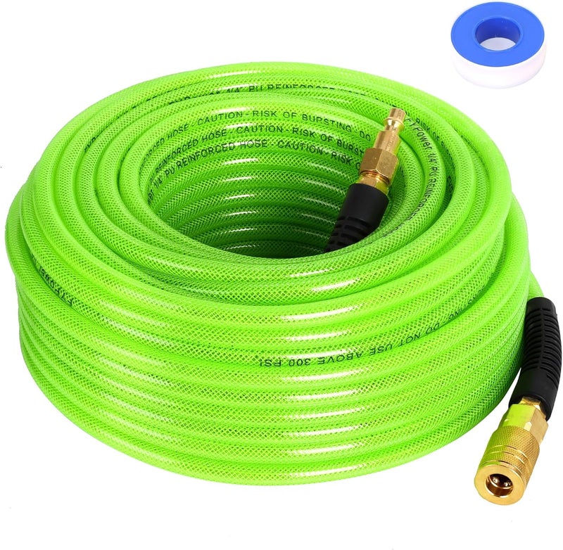 FYPower Air Compressor Hose 1/4 Inch x 100 Feet Reinforced Polyurethane (PU) Air Hose with Fittings, Bend Restrictors, 1/4" Industrial Quick Coupler and Plug Kit, Green - Image 1